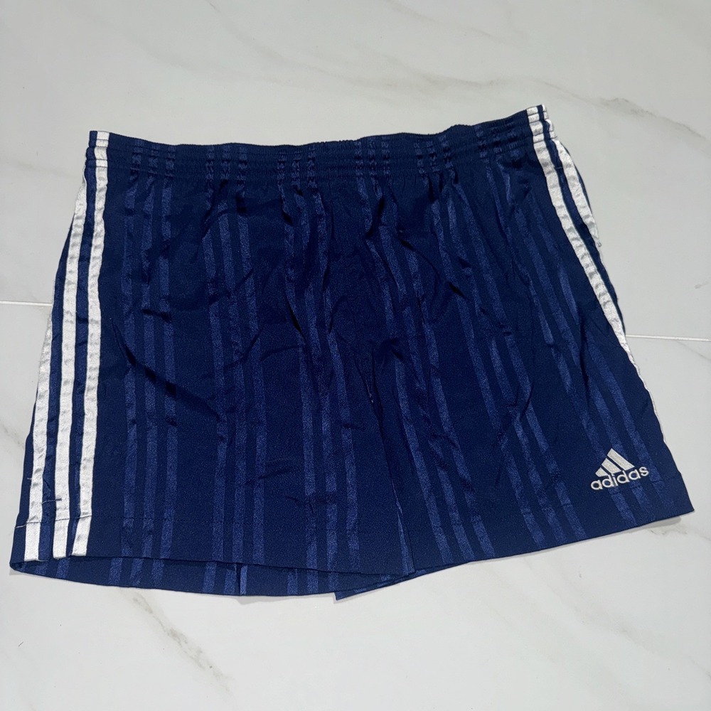 VTG Y2k Adidas Nylon Shorts Soccer Sprinter Shiny Satin Retro Glanz Blue Stripe